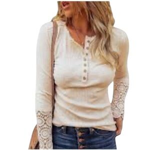 Boutique Cream Ribbed Henley Wood Button Accent Sheer Lace Sleeve Cuff Top Sz XL